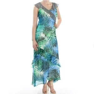 Calvin Klein Tropical Palm Print Maxi Ruffle Dress